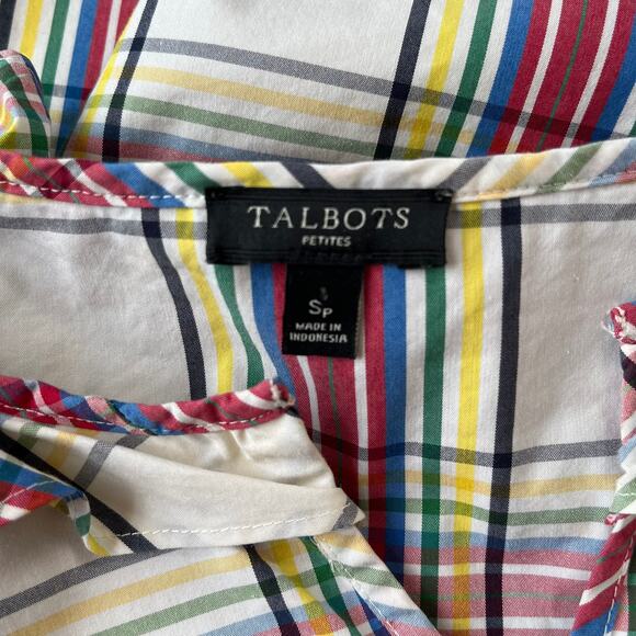 Talbots Plaid Bell Sleeve Womens Top Small Petite White Ruffles Academia Preppy - Picture 10 of 16